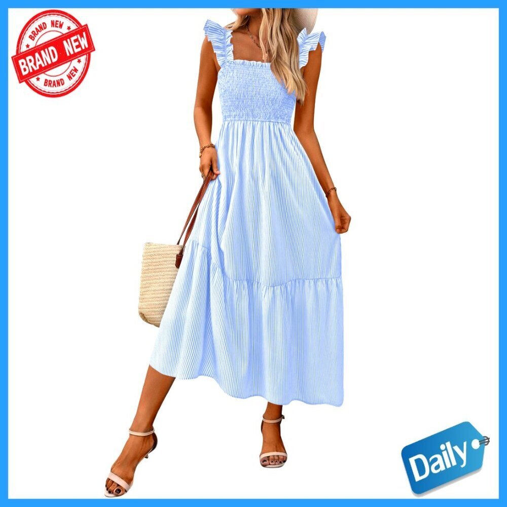 Summer Midi Dress with Square Neck Ruffle Strap Smocked Waist Pockets